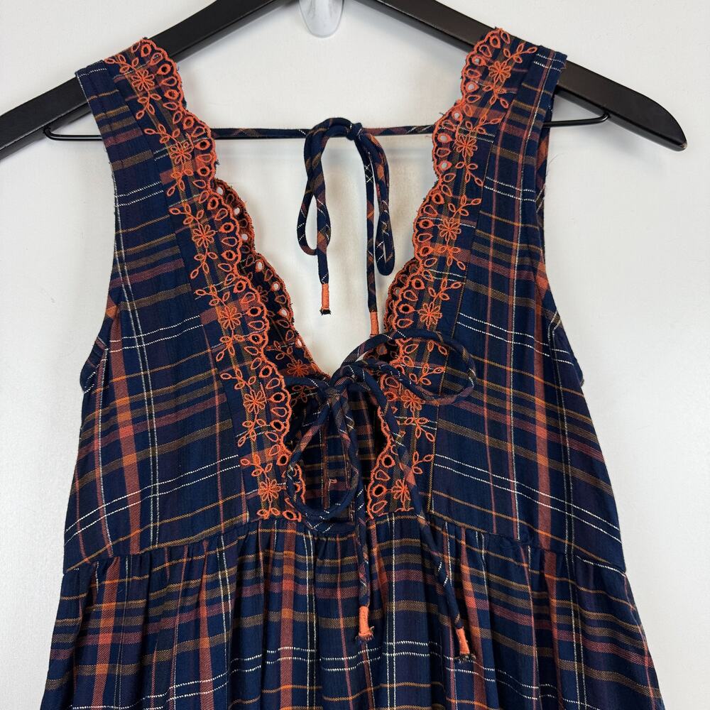 Anthropologie Midi Eyelet Plaid Plaid Navy Blue Orange Dress - 2XS XXS - Picture 6 of 10